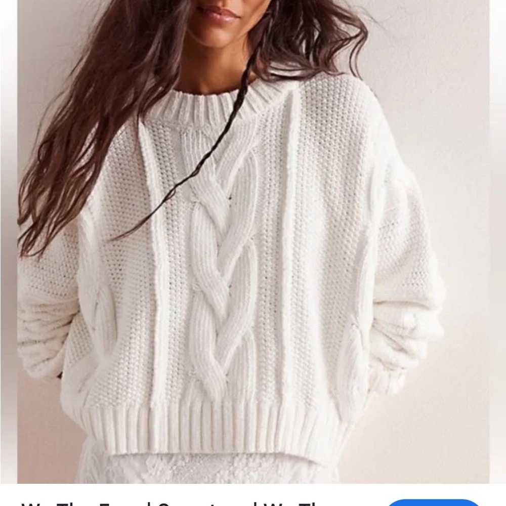 Free People Cozy Cable Knit Crewneck Sweater - Size L White
